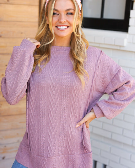 Back To Basics Mauve Jacquard Cable Pullover Top