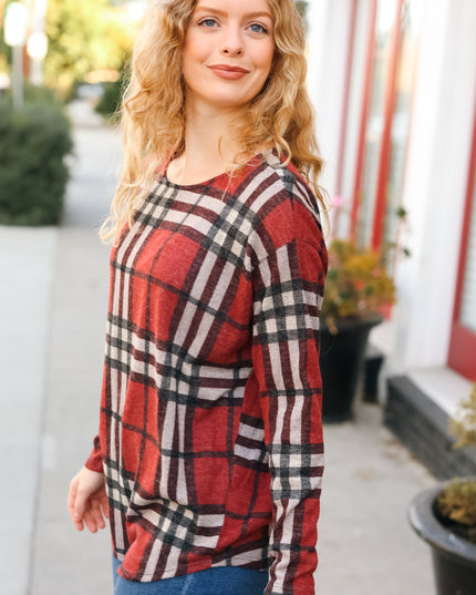 Perfectly You Red Plaid Boat Neck Long Sleeve Top
