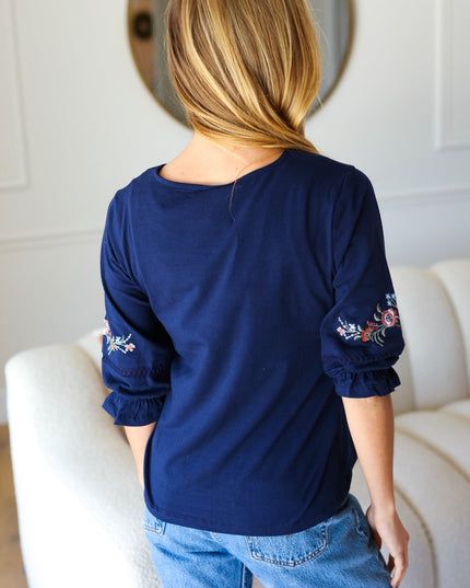 Keep You Close Navy Floral Embroidery Square Neck Blouse