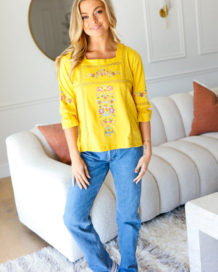 Keep You Close Yellow Floral Embroidery Square Neck Blouse