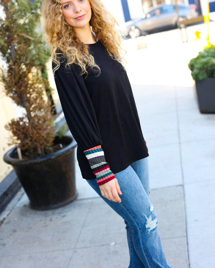 Dream On Black Multicolor Stripe Banded Puff Sleeve Top