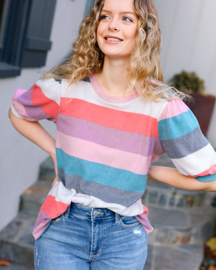 Look Out Teal & Rose Striped Hacci Knit Puff Sleeve Top
