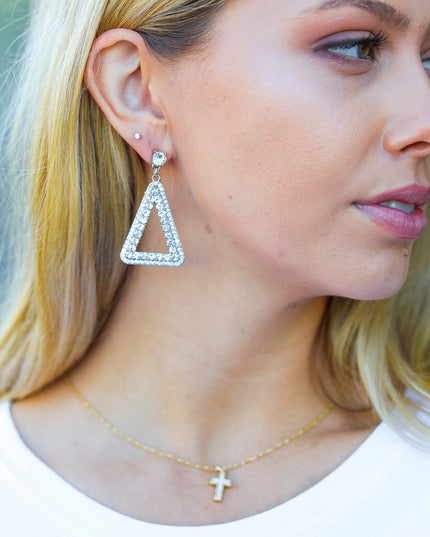 Silver Triangle Rhinestone Studded Drop Earrings