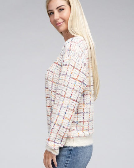 Cute Plaid Pattern Textured Fancy Fashion Knit Top Sweater