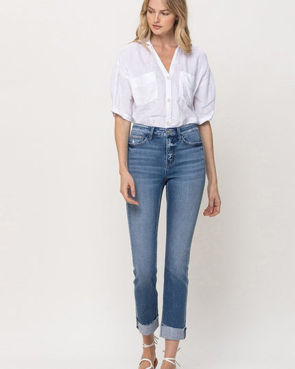 Mid-Rise Single Cuffed Crop Slim Straight Jeans