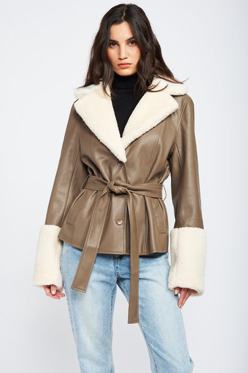 Chic Fashion Stylish Belted Faux Shearing Trimmed Outwear Fashion Jacket