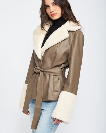 Chic Fashion Stylish Belted Faux Shearing Trimmed Outwear Fashion Jacket