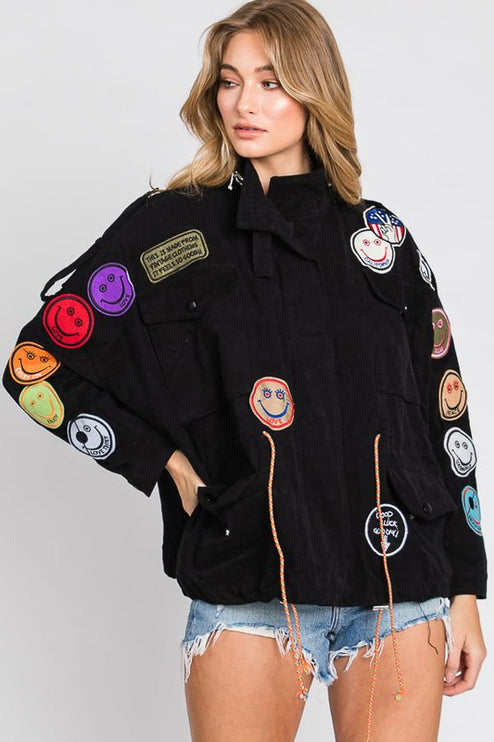 Smiley Patched Zip-Up Drawstring Fashion Jacket