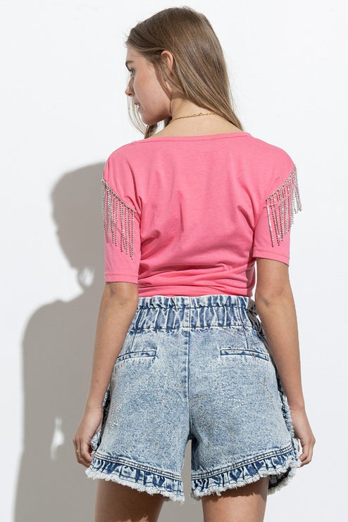 Soft Cotton Rhinestone Fringe Shoulder Detail Fashion Top T-shirt