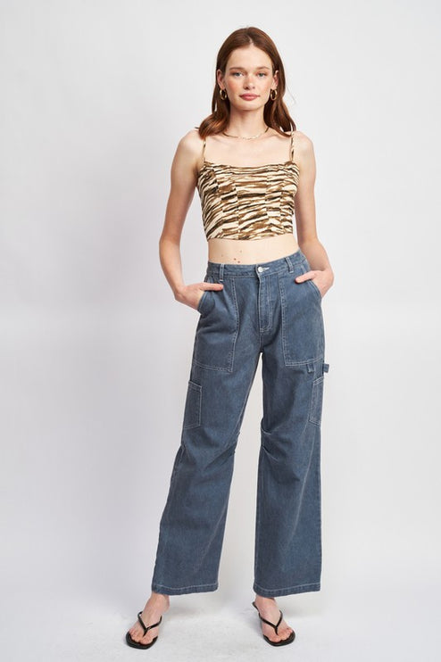 Classic Stylish Casual High Rise Wide-Leg Cargo Pants Denim Jeans