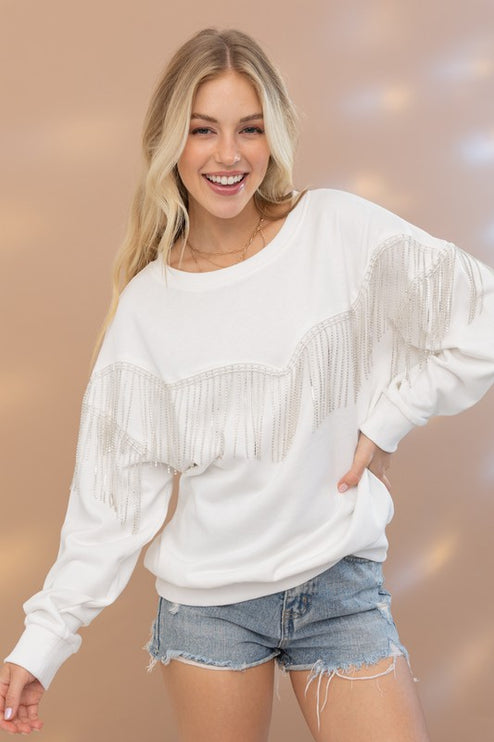 Chic French Terry Rhinestone Fringe Fashion Pullover Top