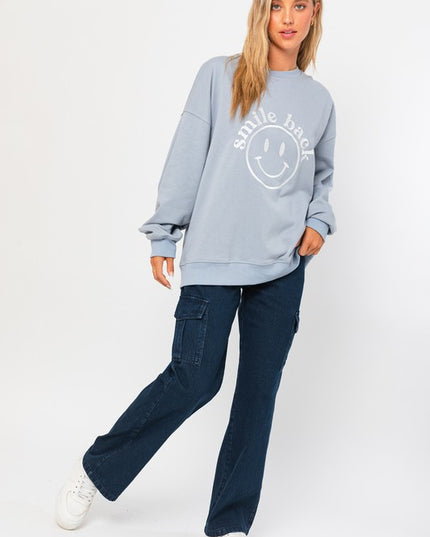 Fun Cute Letter Embroidery "Smile Back" Oversized Sweatshirt