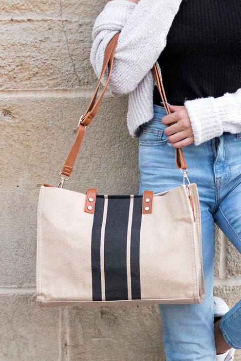 Casual Spacious Stripe Removable Strap Canvas Crossbody Bag Tote