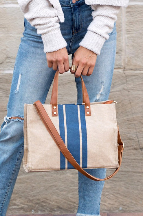 Casual Spacious Stripe Removable Strap Canvas Crossbody Bag Tote - Accessoriesforever