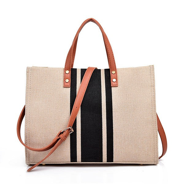 Casual Spacious Stripe Removable Strap Canvas Crossbody Bag Tote - Accessoriesforever