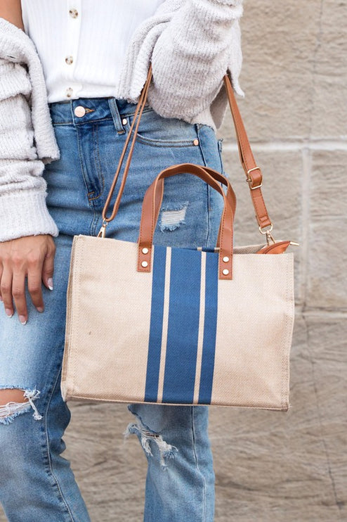Casual Spacious Stripe Removable Strap Canvas Crossbody Bag Tote - Accessoriesforever