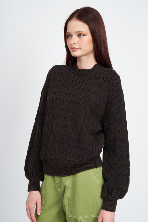 Cozy Soft Fashion Bubble Sleeves Cable Knit Top Sweater