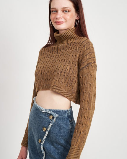 Stylish Solid Soft Turtleneck Cable Knit Crop Fashion Top Sweater