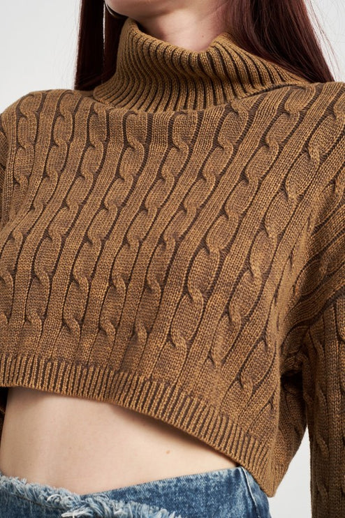 Stylish Solid Soft Turtleneck Cable Knit Crop Fashion Top Sweater