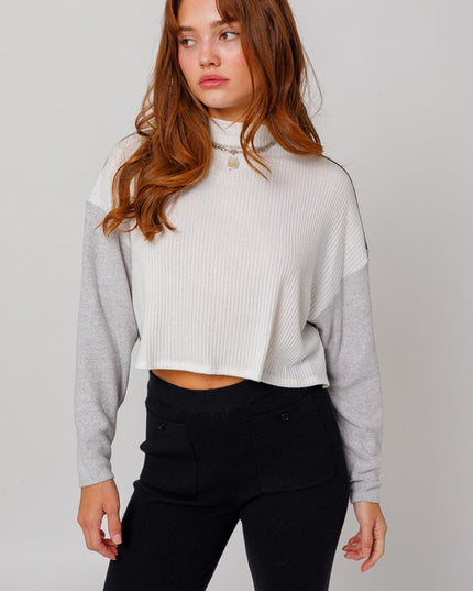 Cute Stylish Mock Neck Long Sleeve Contrast Cropped Top Sweater