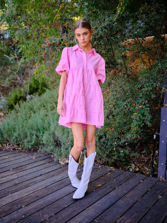 Adorable Stylish Button Up Tiered Puff Short Sleeve Shirt Dress