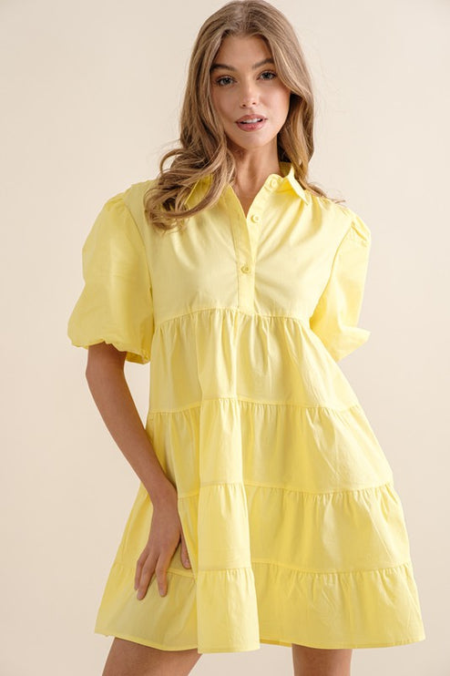 Adorable Stylish Button Up Tiered Puff Short Sleeve Shirt Dress