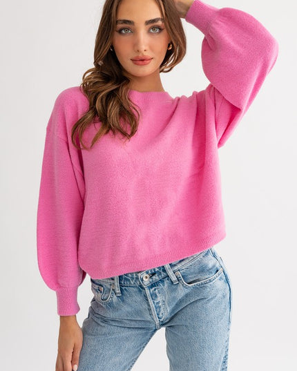 Cute Cozy Back Rouching Fuzzy Long Sleeve Cropped Sweater