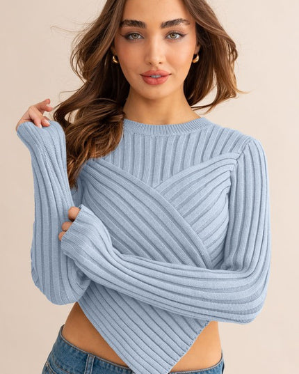 Asymmetrical Hem Design Long Sleeve Crop Sweater Top