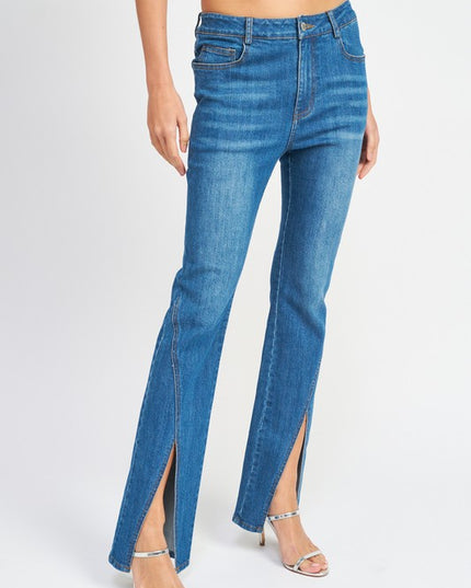 Stylish Chic Vintage Wash Flared Split-Hem Denim Pants Jeans