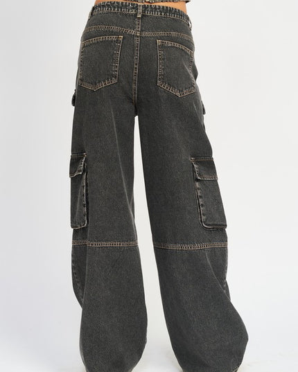 Stylish Vintage Inspired Wide Leg Denim Cargo Pants Jeans