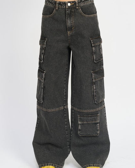 Stylish Vintage Inspired Wide Leg Denim Cargo Pants Jeans