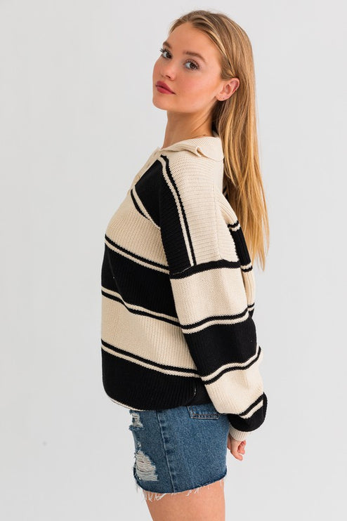 Causal Striped Collared Long Sleeve Oversized Sweater Top