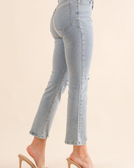 Studded Rhinestone Distressed Knee Edge Stretch High Rise Denim Jeans