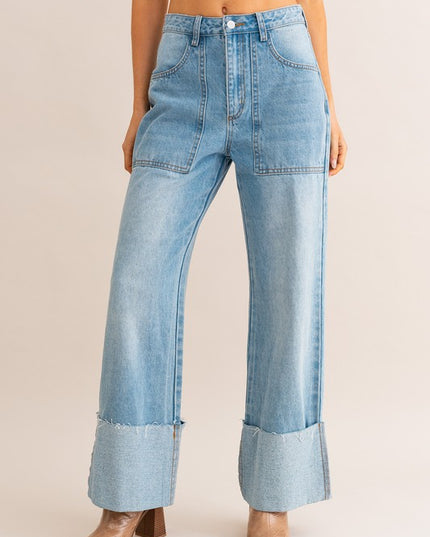Stylish Comfy High-Waisted Wide Leg Cuffed Denim Pants Jeans