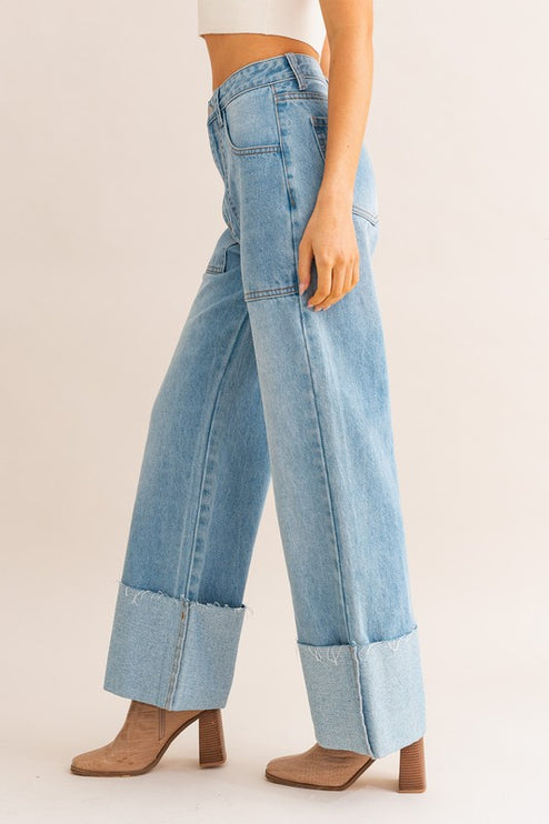 Stylish Comfy High-Waisted Wide Leg Cuffed Denim Pants Jeans