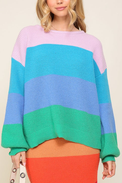 Chic Bold Rainbow Stripe Oversized Chunky Knit Pullover
