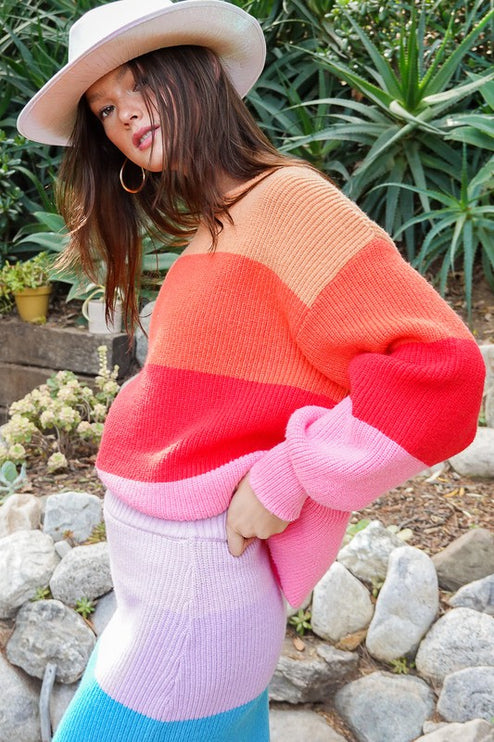 Chic Bold Rainbow Stripe Oversized Chunky Knit Pullover