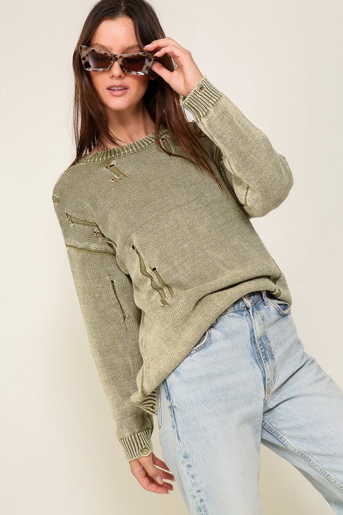Casual Stylish Mineral Wash Distressed Long Sleeve Fashion Top Sweater