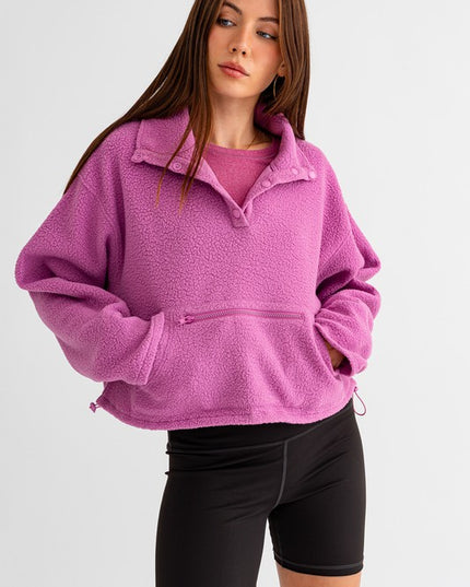 Casual Boxy Fleece Pocket Detail Pullover Cropped Sweater