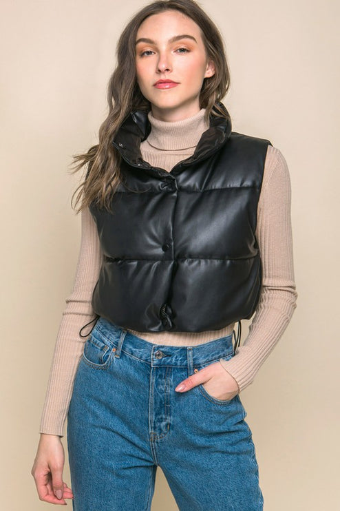 Chic Stylish Fashion PU Faux Leather Cropped Puffer Vest