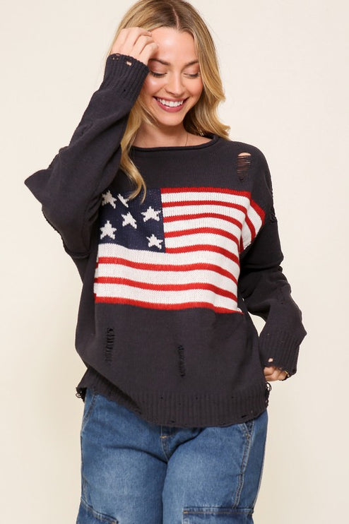 Distressed USA Flag Print Design Long Sleeve Fashion Top Sweater