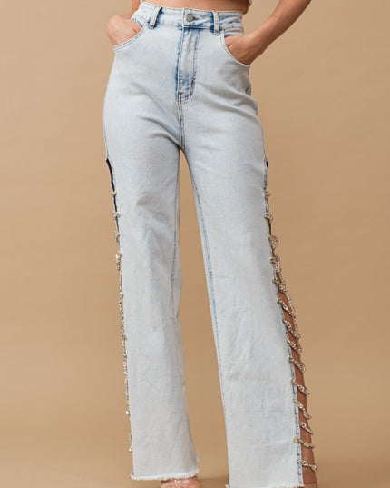 Fashion Edgy Chain-Link Jewel Trim Side Cut Out Stretch Pants Denim Jeans