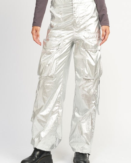 Trendy Futuristic Metallic Silver Reflective Detail Fashion Cargo Pants