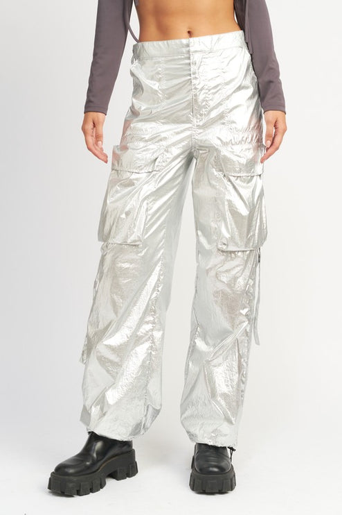 Trendy Futuristic Metallic Silver Reflective Detail Fashion Cargo Pants