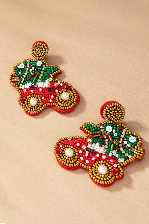 Adorable Seed Bead Rhinestone Christmas Tree Car Holiday Earrings