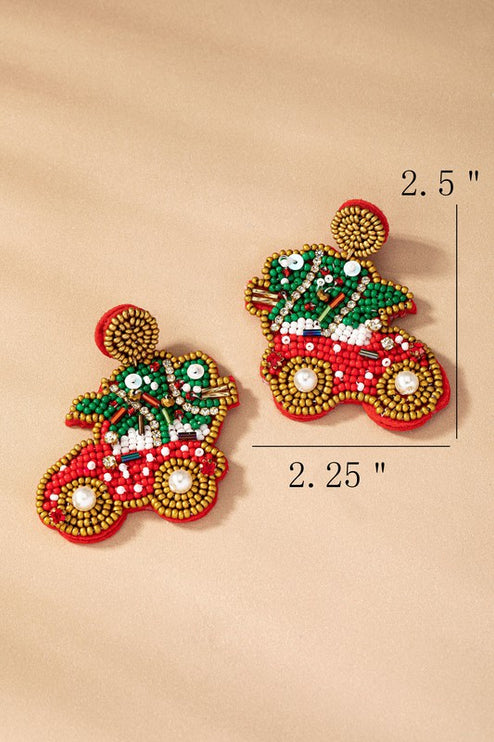 Adorable Seed Bead Rhinestone Christmas Tree Car Holiday Earrings