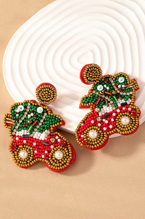 Adorable Seed Bead Rhinestone Christmas Tree Car Holiday Earrings