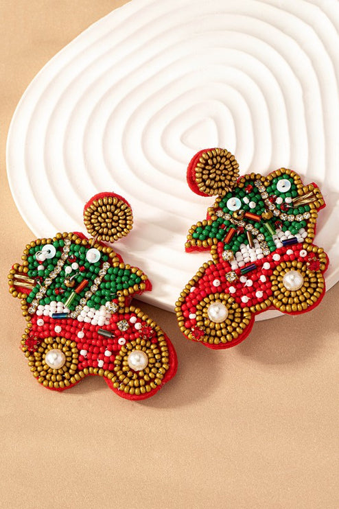 Adorable Seed Bead Rhinestone Christmas Tree Car Holiday Earrings - Accessoriesforever