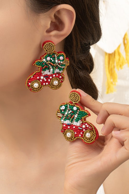 Adorable Seed Bead Rhinestone Christmas Tree Car Holiday Earrings - Accessoriesforever