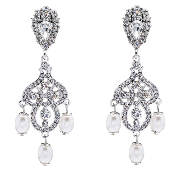 Bridal Wedding Jewelry Crystal Rhinestone Pearl Vintage Dangle Earrings White - Accessoriesforever